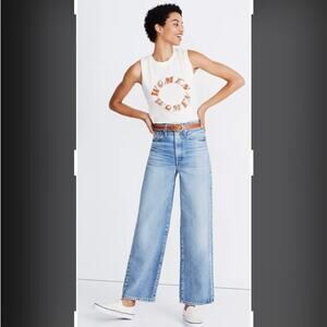 Rivet and Thread light wash wide leg jeans.
